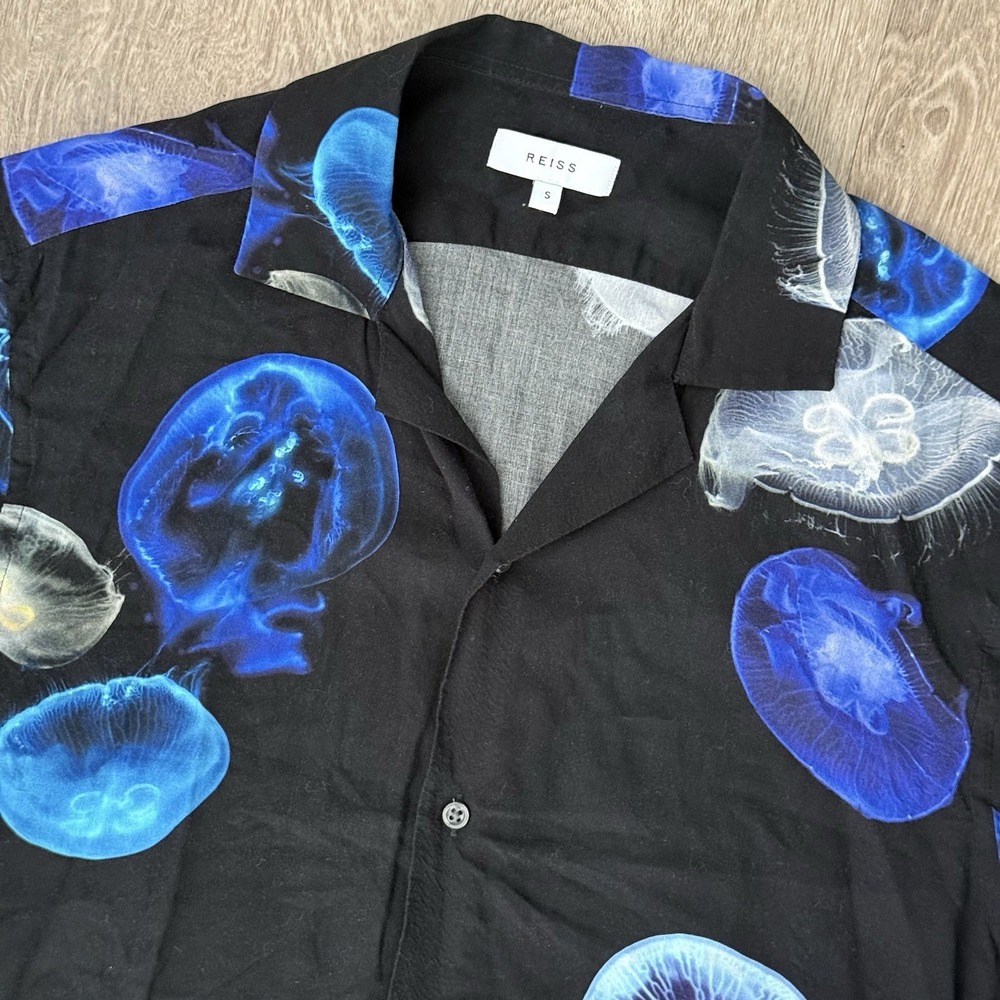 Reiss Gleam Cuban Jellyfish Short Sleeve Camp Collar Shirt Mens S Black Blue